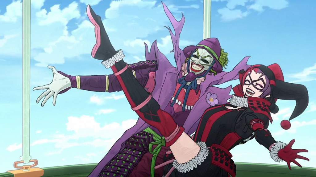 Joker and Harley Quinn pose in feudal Japanese attire and pose together in Batman Ninja.