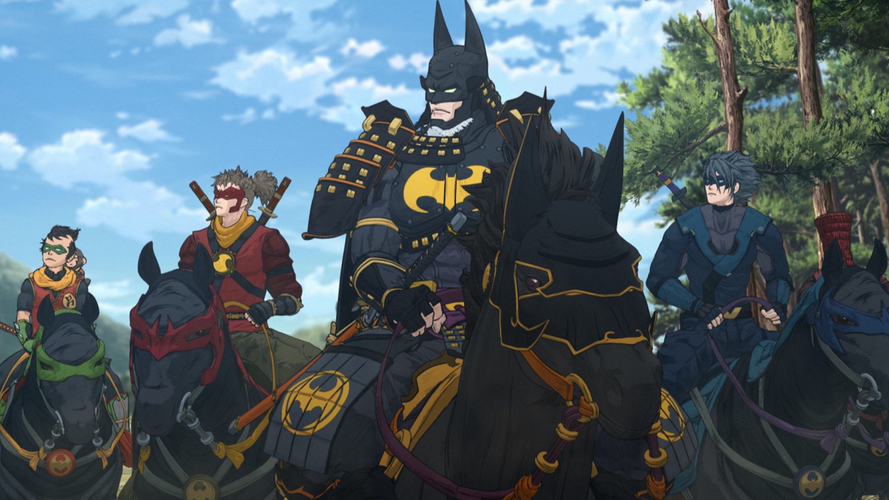 Robin, Red Robin, Batman and Nightwing are dressed in feudal Japanese garb and armor and ride horses in Batman Ninja.