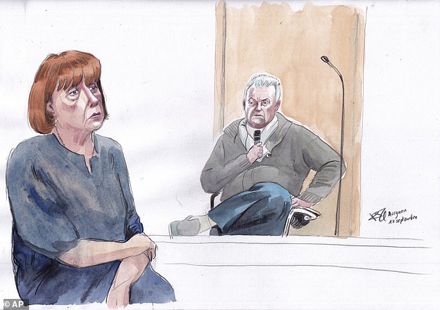 This courtroom sketch by Valentin Pasquier shows Gisele Pelicot, left, and her ex-husband Dominique Pelicot, right, during his trial, at the Avignon courthouse, in Avignon on Tuesday