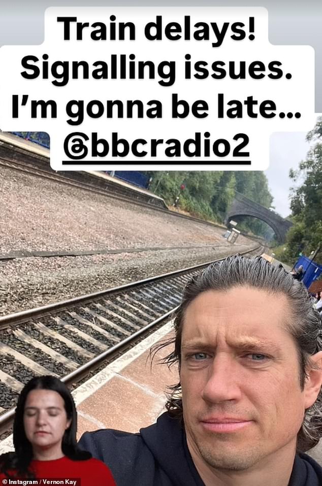 At the same time, Vernon confirmed on Instagram Stories that he was indeed still waiting for his train, writing: 'Train delays! Signalling problems. I'm going to be late... @bbcradio2'