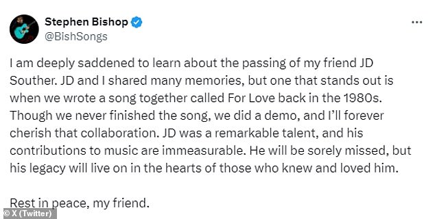 Two-time Grammy nominee Stephen Bishop posted on X/Twitter: 'I am deeply saddened to hear that my friend JD Souther has passed away'