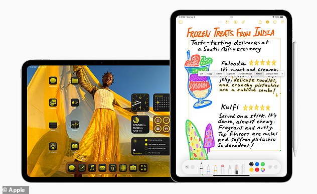 The iOS 18 update should bring the same Home screen customization options (left) to the iPad that are now available on the iPhone, as well as introduce new Smart Script handwriting tools in Notes (right), among other features.