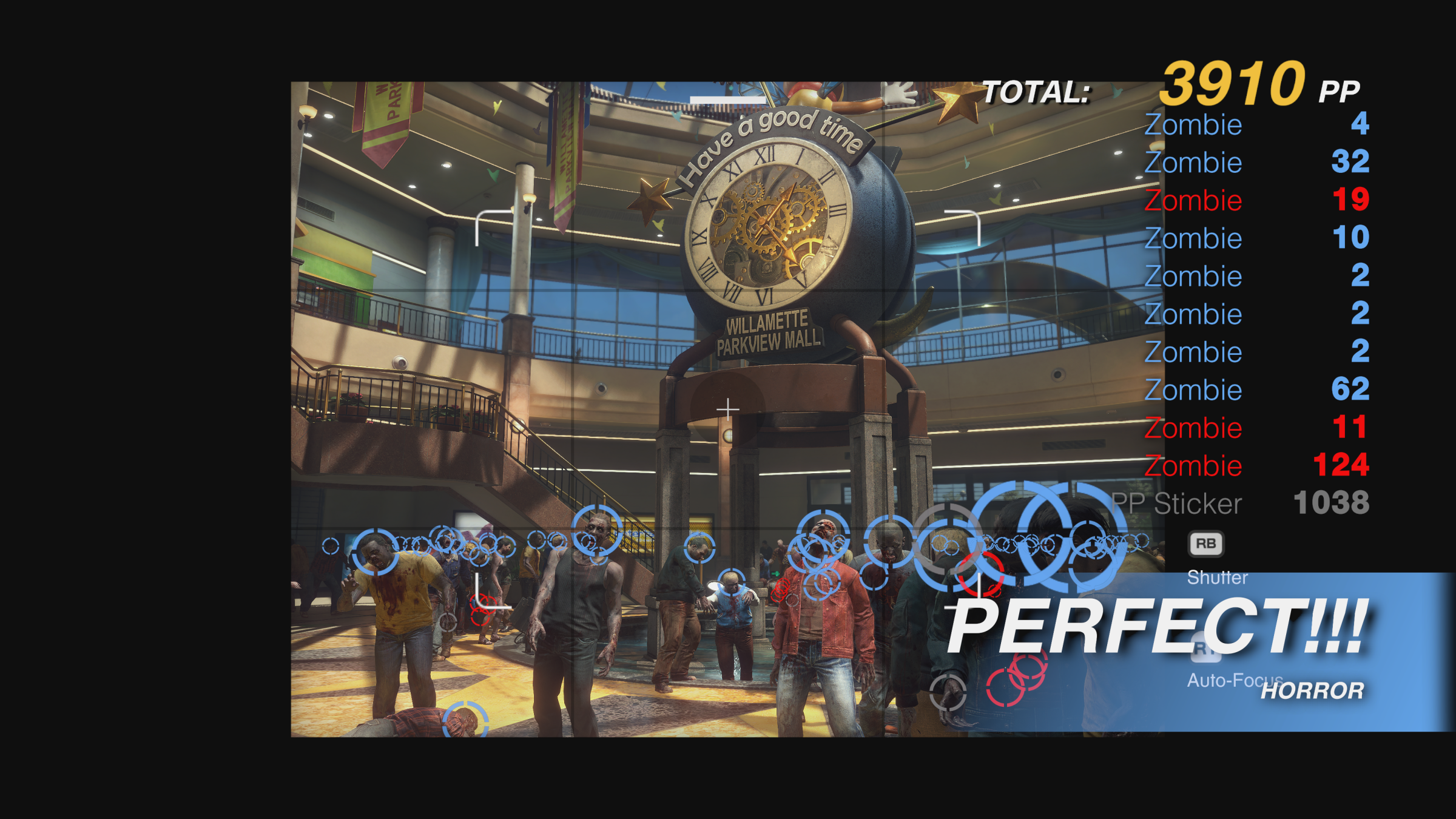 A screenshot showing a picture of zombies and a store clock with the rating Perfect!!! from Dead Rising Deluxe Remaster