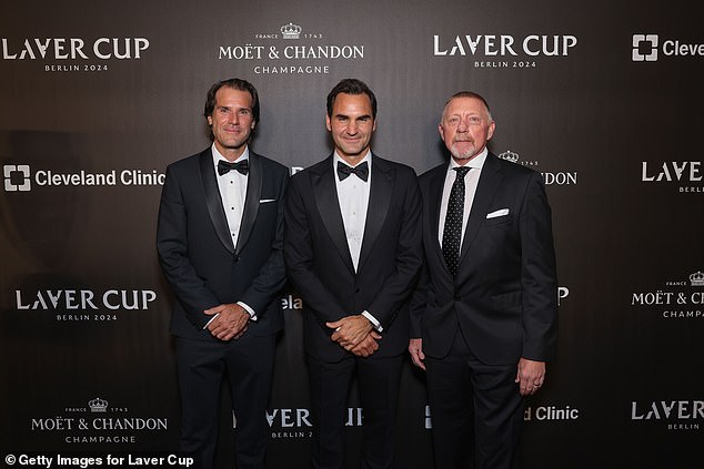 He was joined at the event by Tommy Haas (left) and Roger Federer (right)