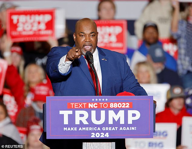 Robinson is the Trump-backed Republican running for governor in the swing state of North Carolina. Here, the lieutenant governor speaks at a Trump rally in Greensboro, North Carolina