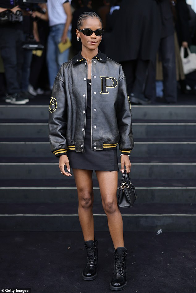 Top Boy star Letitia Wright wore a £6,000 leather varsity jacket from the fashion house, teamed with a mini skirt and lace-up boots