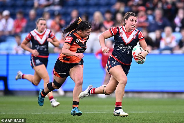 Sergis (pictured running the ball against Wests last month) is currently out injured as the Roosters look set to challenge for the NRLW title