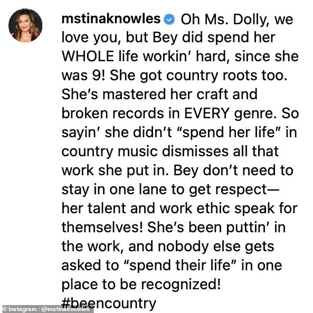 The 78-year-old's first deleted reply read: 'Oh Ms. Dolly we love you but Bey has worked hard her ENTIRE life since she was 9! She has country roots too...'