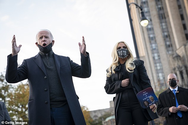 Democratic candidate Joe Biden (left) and pop star Lady Gaga (right) campaign on the campus of the University of Pittsburgh the day before Election Day.