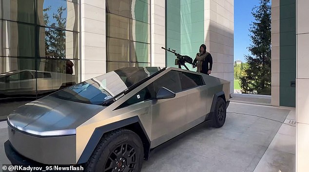 The 47-year-old warlord took the Tesla Cybertruck for a spin around his 'palatial' mansion