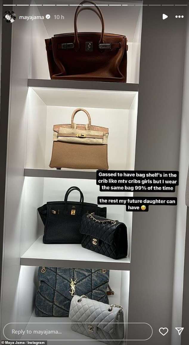 From Hermes and Chanel to Louis Vuitton, Maya shared snaps of the 'bag shelves' in her home - estimated to be worth over £100,000 in total (pictured are three Birkin bags, two Chanel double flap bags and a YSL down bag)