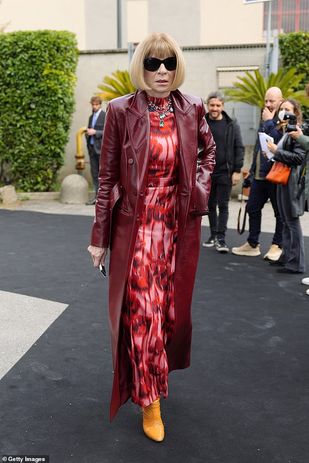 Other famous faces included Vogue editor-in-chief Anna Wintour, who turned heads in a bright red outfit and orange leather boots