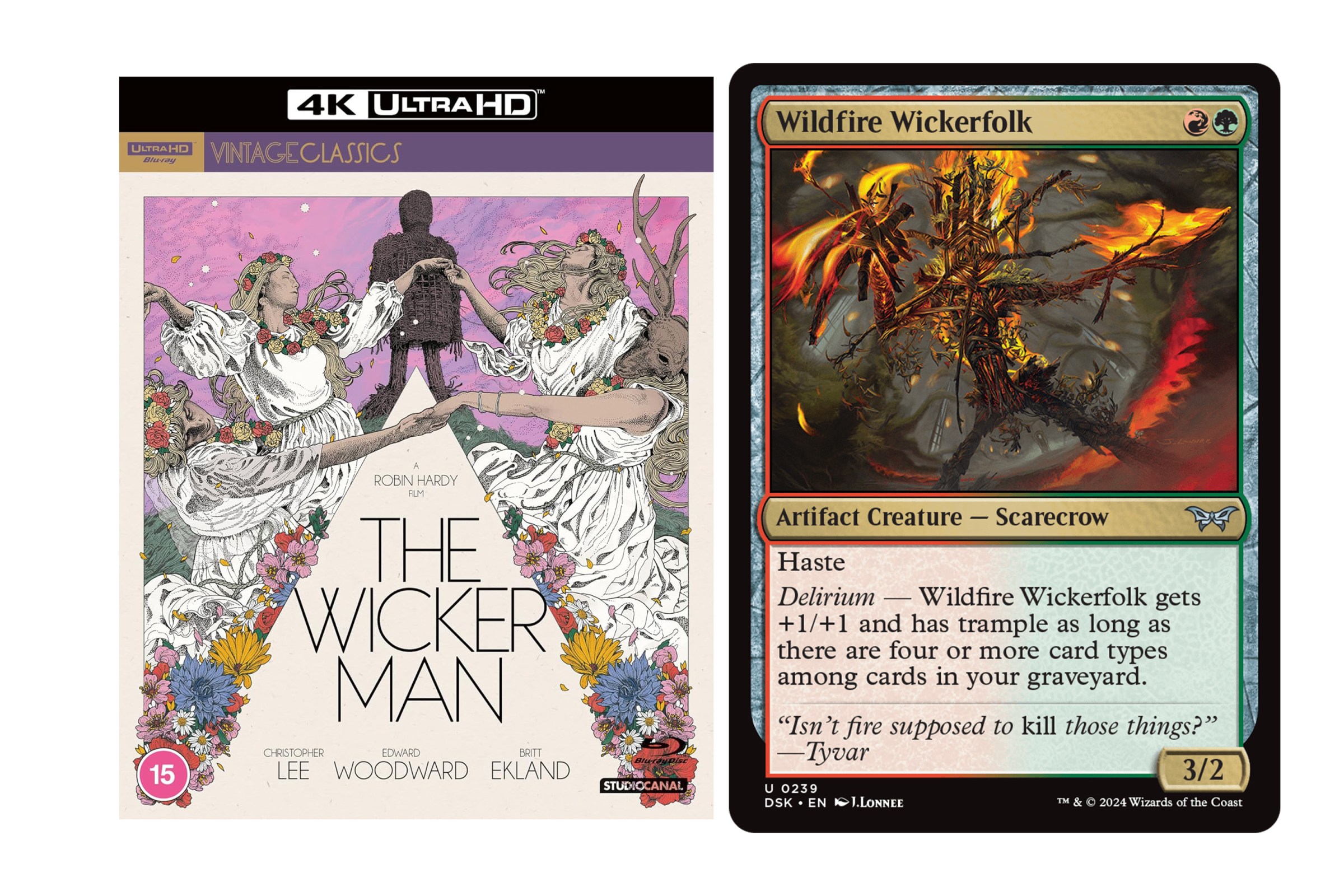 A copy of the 40th Anniversary Edition of The Wicker Man in 4K alongside Wildfire Wickerfolk, an artifact creature and a scarecrow from Magic: The Gathering.