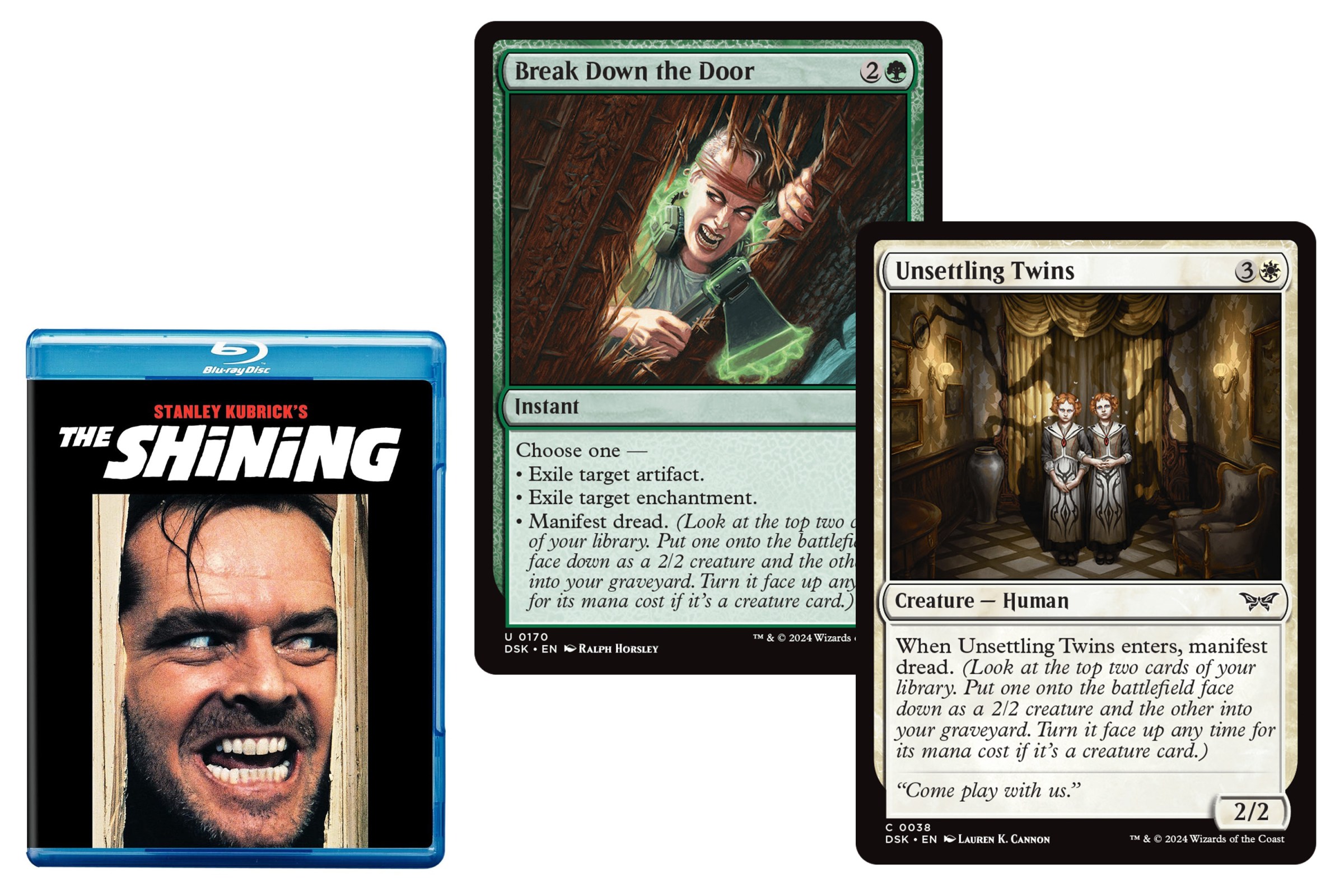 A Blu-ray copy of The Shining alongside Break Down the Door, an instant, and Unsettling Twins, a creature and a human, from Magic: The Gathering.