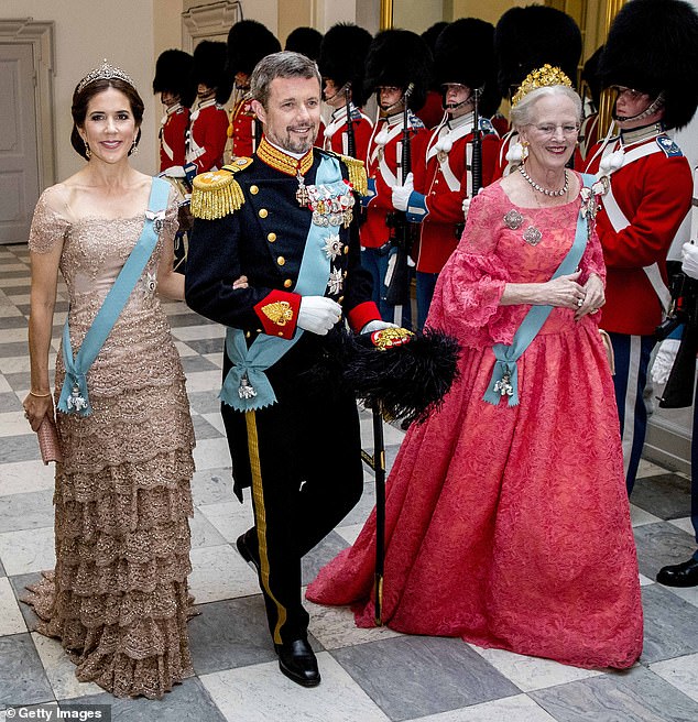 The Danish Queen (right) was succeeded by her eldest son Frederik (centre), pictured with his Australian-born wife Mary