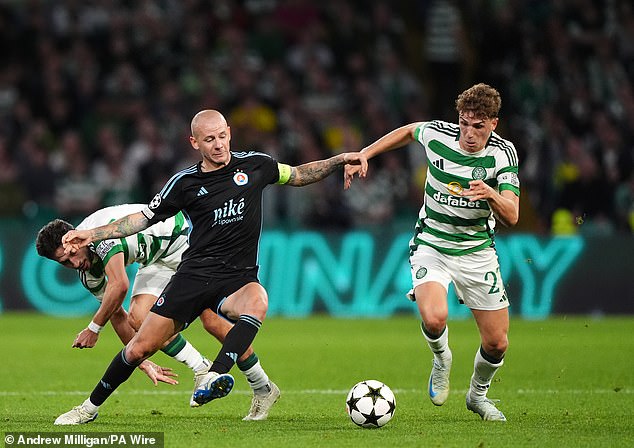 Celtic's Arne Engels (right) scored 9.2/10 after his excellent performance against Slovan Bratislava