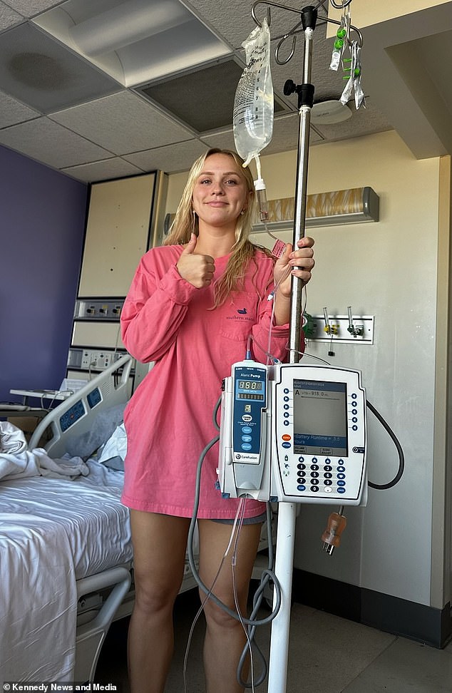 She spent four days in the hospital (pictured here) and was given intravenous fluids and electrolytes