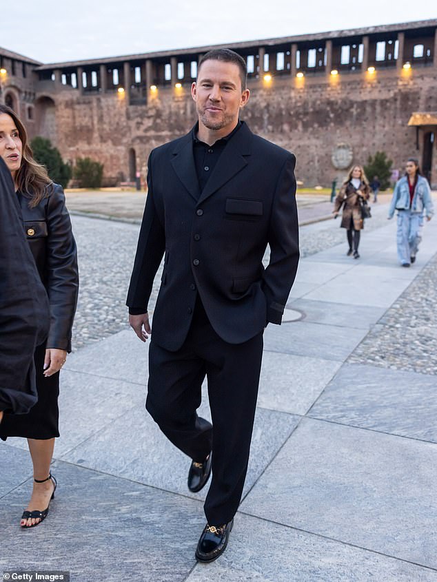 Actor Channing, 44, looked exceptionally handsome in an all-black suit, complete with Versace loafters with a gold buckle