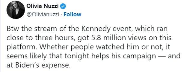 On June 27, after the ill-fated first presidential debate between Biden and Trump, Nuzzi praised Kennedy's campaign and credited the millions of viewers who watched his rebroadcast for not inviting him to debate