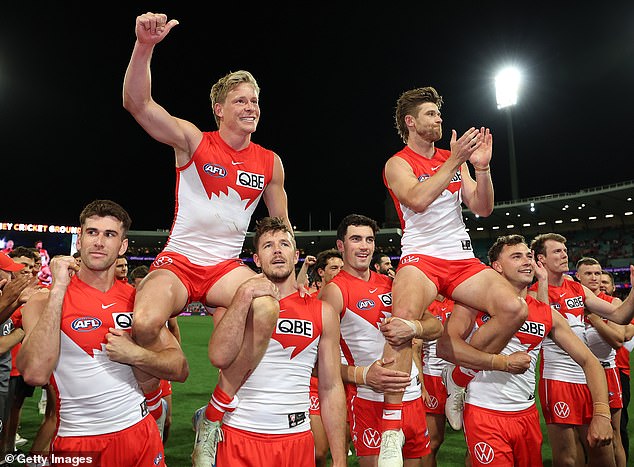 Sydney Swans champions Isaac Heeney and Rampe are sent off after the win