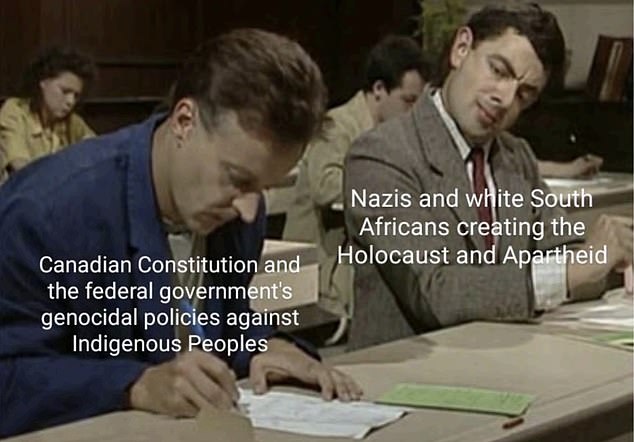 Another slide made outrageous claims, including how the Nazi Holocaust and South Africa's apartheid system were inspired by Canada's Constitution