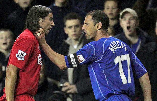 Muscat was once named the dirtiest player ever by a leading Spanish football website (pictured grabbing Liverpool striker Milan Baros by the throat)