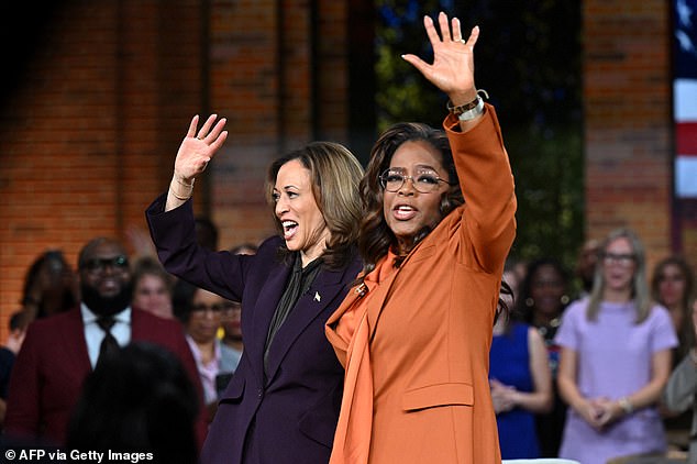 Harris and Winfrey wave to the crowd during a livestreamed 