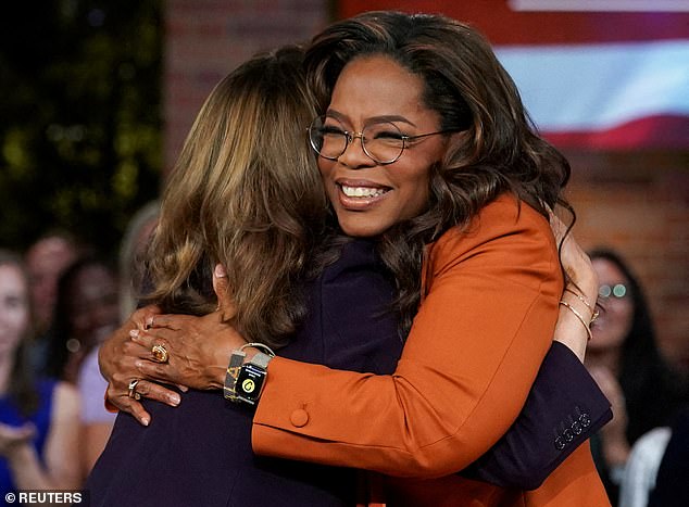 Oprah Winfrey greets Democratic presidential candidate and US Vice President Kamala Harris