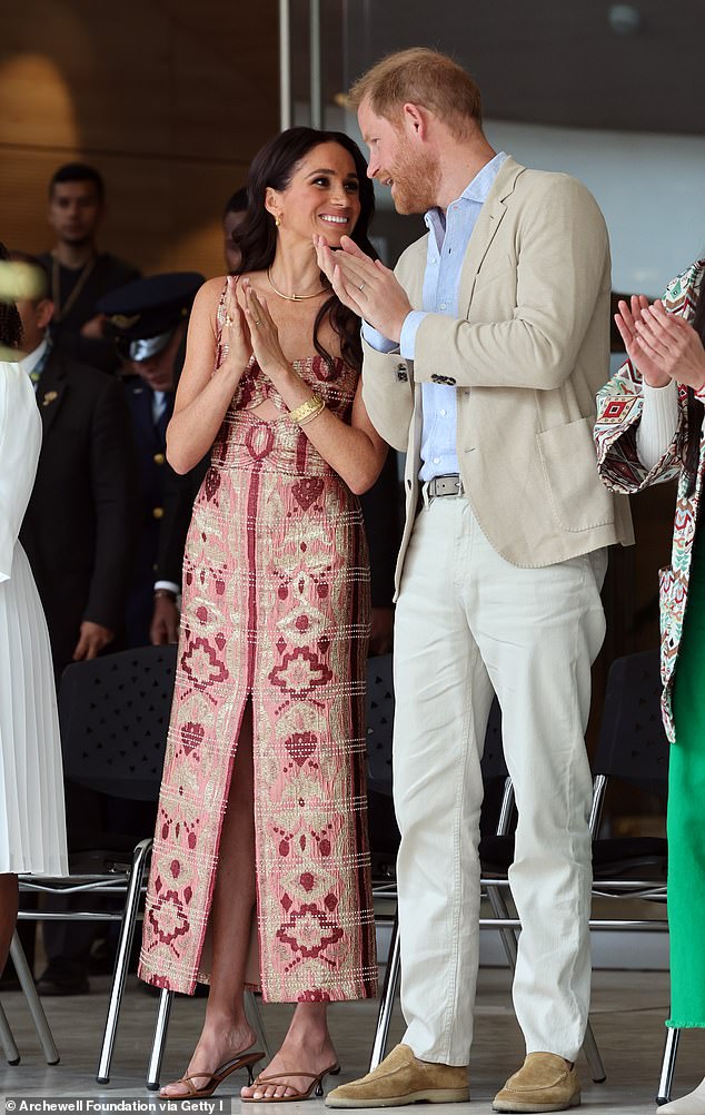 The Duke and Duchess of Sussex are seen at the Centro Nacional de las Artes Delia Zapata during their visit to Colombia on August 15