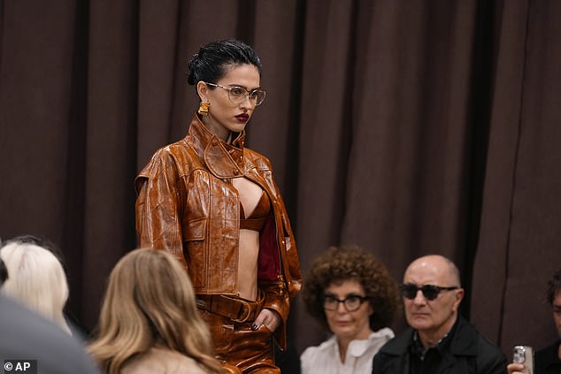 The daughter of Lisa Rinna and Harry Hamlin added a matching cropped biker jacket and mini skirt to her look, while wearing the same black heels as Irina