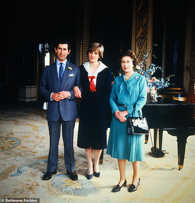 Prince Charles, Lady Diana Spencer and the Queen at Buckingham Palace in March 1981, four months before the royal wedding