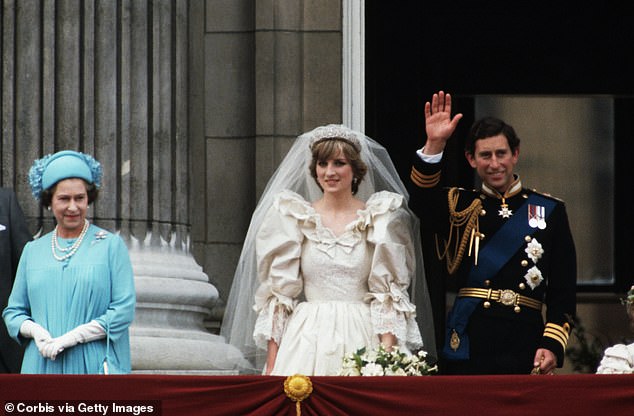 The couple, next to the Queen, waving from the balcony of Buckingham Palace on their wedding day in 1981