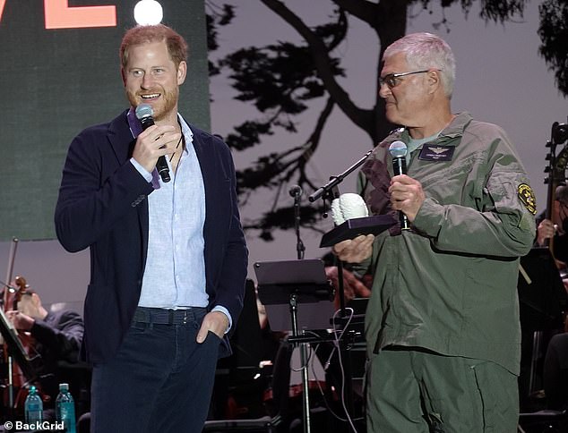 The Duke of Sussex joked that he and the pilot felt more comfortable behind the controls of a helicopter than on stage