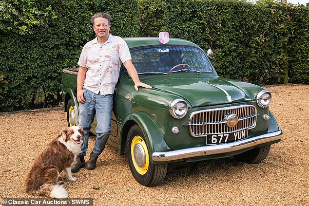 Jamie Oliver poses with his 1955 FIAT 1100/103 series which, appropriately enough, came with the original registration number 677 YUM