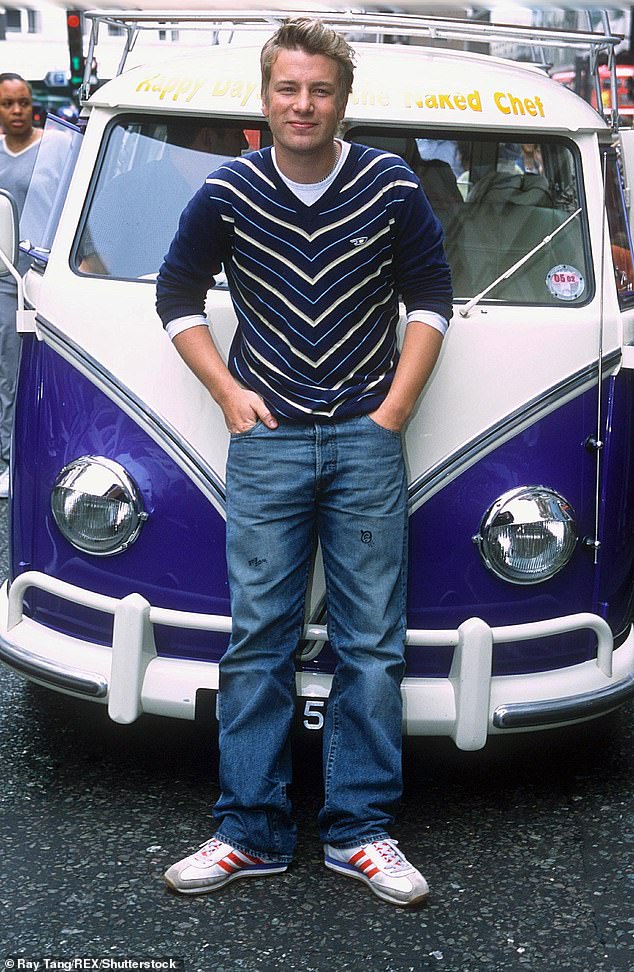 Jamie Oliver with his Volkswagen camper van in 2001