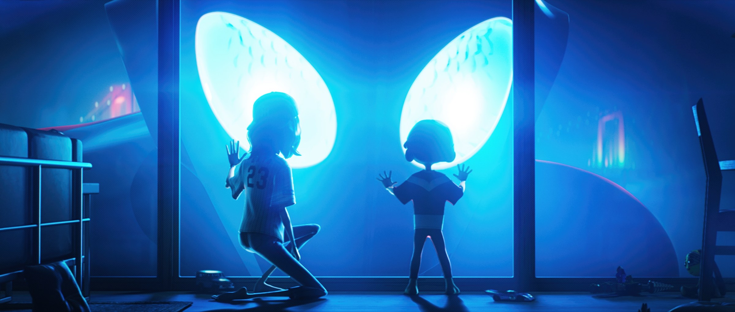 A small child and a woman stare at a giant figure with large, glowing blue eyes through a window in Ultraman: Rising.