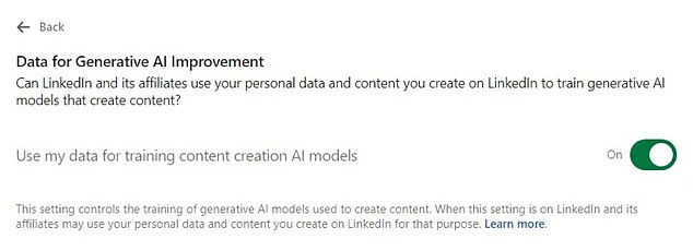 'Data for Generative AI Improvement' must be manually disabled by anyone who uses the app and does not want their activity to be recorded by LinkedIn