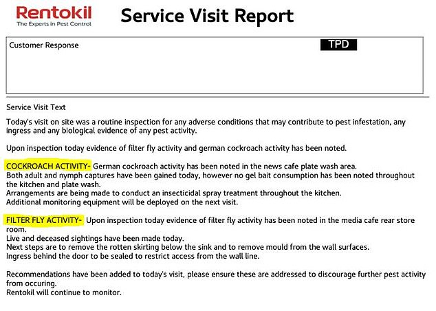 The Rentokil reports, released to Mail Online under the Freedom of Information Act, showed consistent cockroach and fly activity over an eight-month period