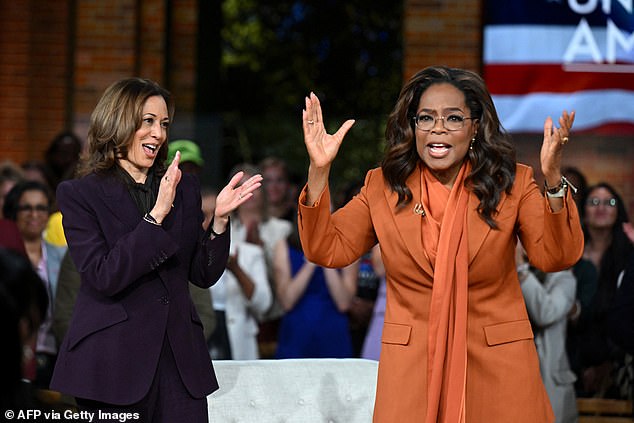 US Vice President and Democratic presidential candidate Kamala Harris (left) joins US television producer Oprah Winfrey