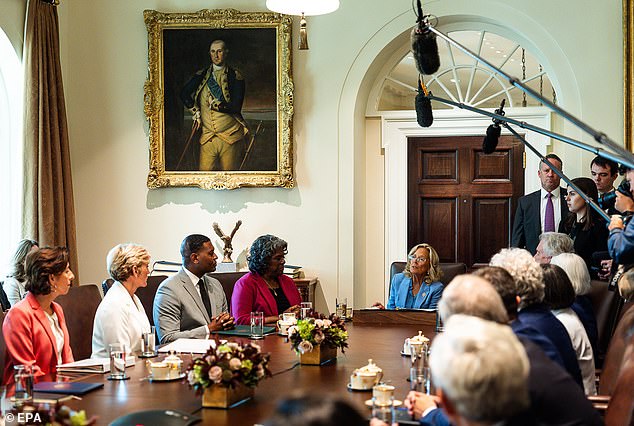 First Lady Jill Biden (C) speaks during a Cabinet meeting with President Joe Biden at the White House