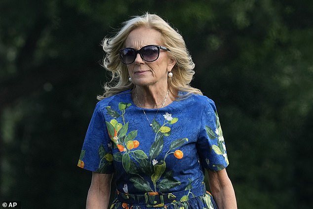 First lady Jill Biden walks across the South Lawn of the White House in Washington on July 7, 2024.