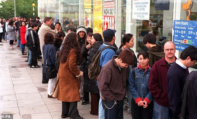 Pictured: Gaming fans queue outside Brent Cross shopping centre in 1997 to get their hands on a Tamagotchi