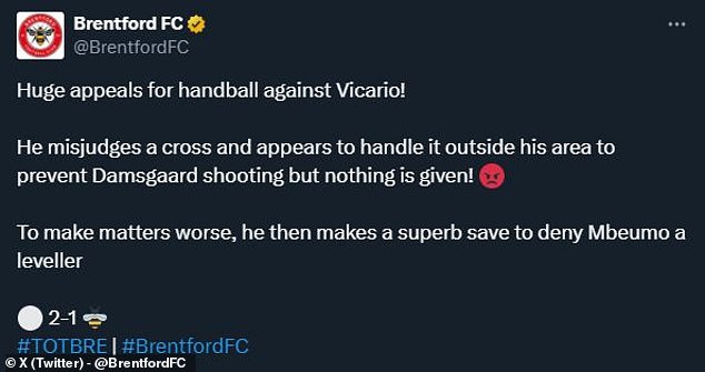 Even Brentford's official account on X (Twitter) was surprised by the Vicario incident