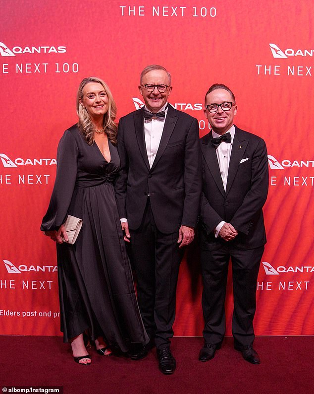 Anthony Albanese, fiancée Jodie Haydon and Alan Joyce. Qantas vocally supported the Voice despite the lack of support from both parties