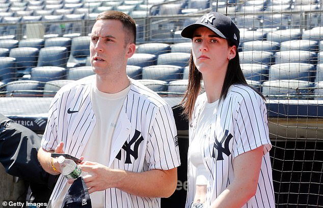 Indiana Fever's Caitlin Clark and her boyfriend Connor McCaffery attend a New York Yankees-Texas Rangers game at Yankee Stadium on August 10