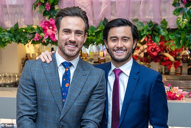 He played a major role in his time on the show, the first gay wedding on Australian TV. Pictured with co-star Takaya Honda