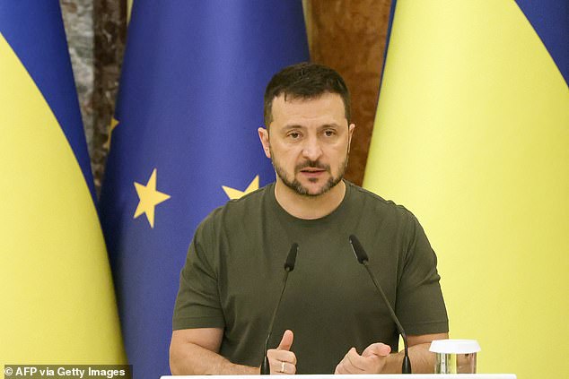 Ukrainian President Volodymyr Zelensky speaks during a joint press conference with the President of the European Commission in Kiev, September 20