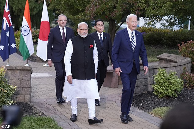 Biden invited Modi, Australian Prime Minister Anthony Albanese (back left) and Japanese Prime Minister Fumio Kishida (back right) to his Wilmington home for the final Quad meeting of his presidency