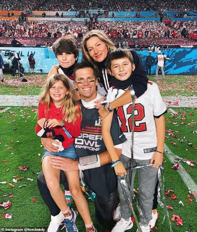 Gisele and ex Tom Brady split in October 2022; the former couple are pictured shortly after the Bucs' Super Bowl victory with daughter Vivian, now 11, and son Benjamin, now 14, as well as Jack, 17, whom Brady cares for with his mother, actress Bridget Moynahan.