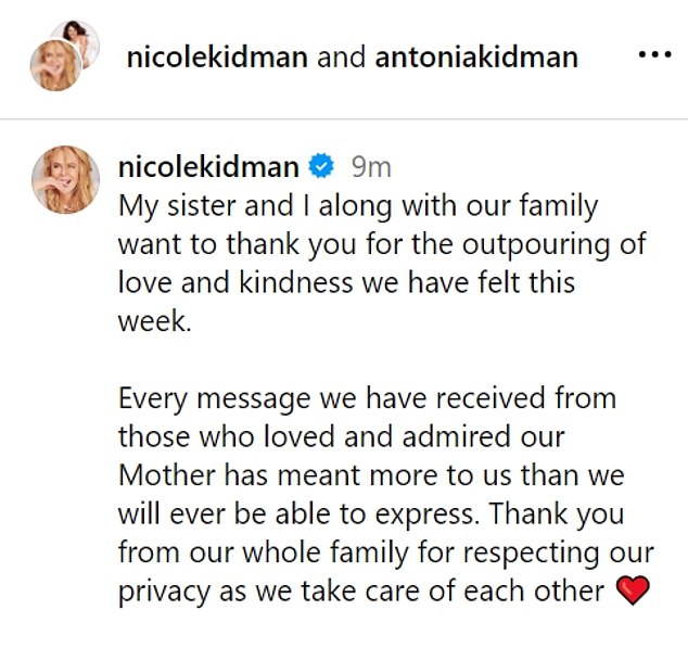 “My sister and I, along with our family, want to thank you for the outpouring of love and kindness we have felt this week,” Nicole wrote in the joint statement